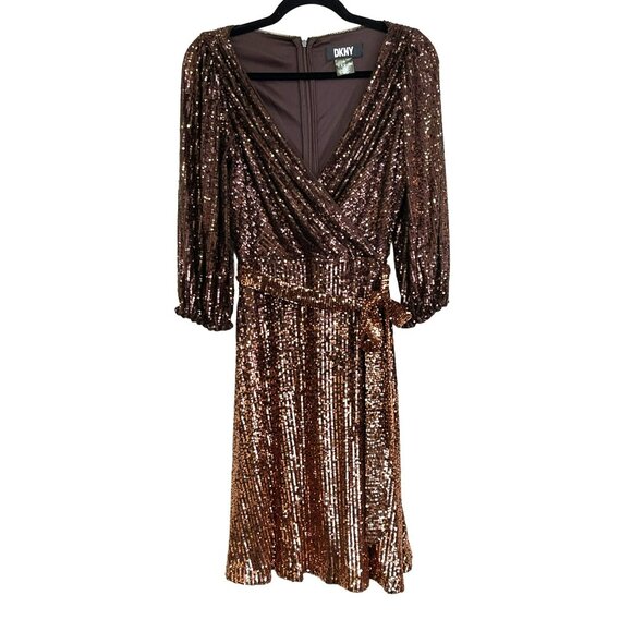 DKNY Brown Ombre Sequin Dress Tie Belt Size 4 NEW - Picture 3 of 7